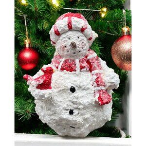 Vintage Snowman Christmas Figurine with Cardinal Bird & Red Accents Glitter
